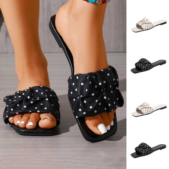 Women's Polka Dots Slide Flats Square Dressy Summer Casual Vacation Beach Open Toe Slip on Satin Sandals Size 36-43 Black