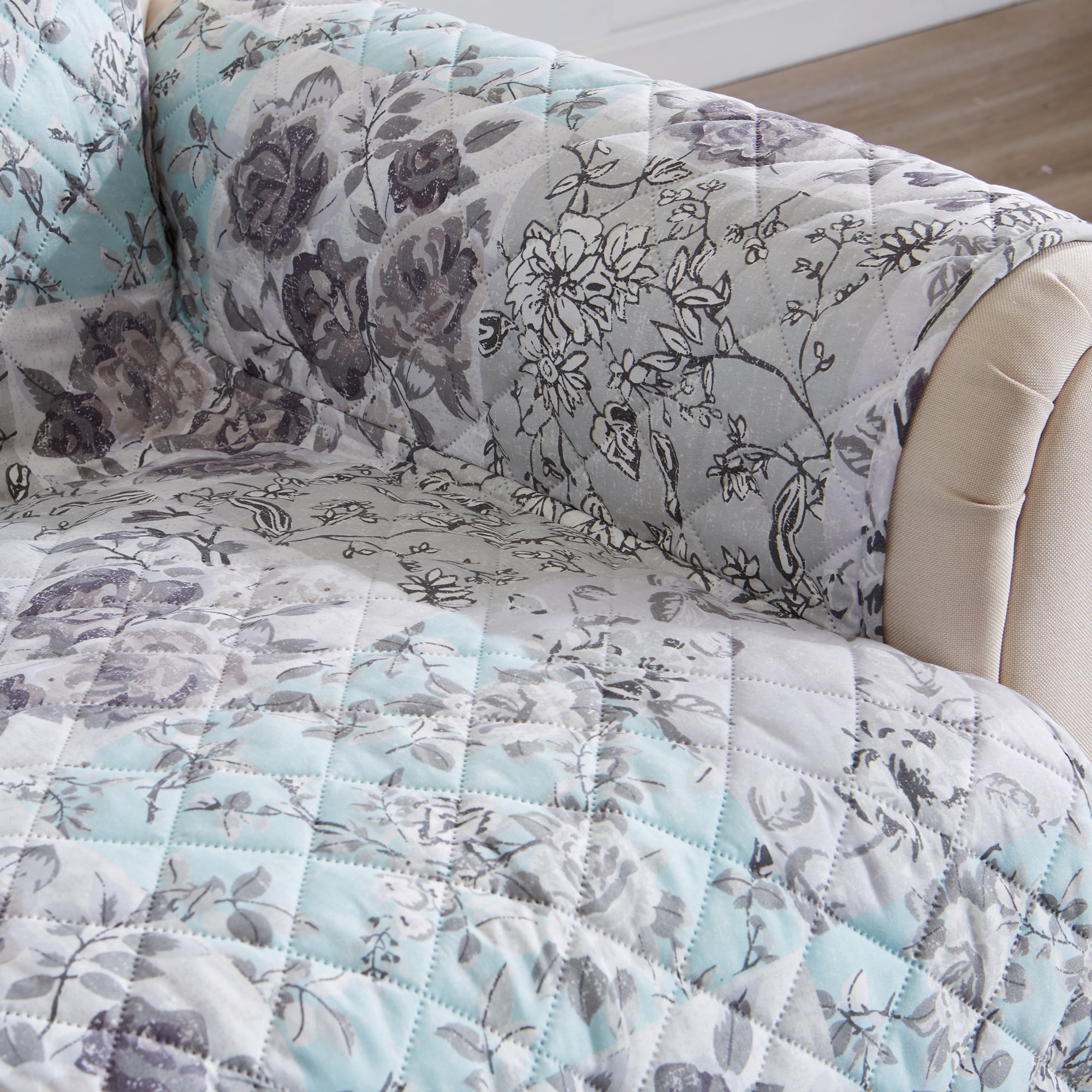 Great Bay Home Floral Patchwork Reversible Washable Pet Furniture Protector  (26" Recliner, Gray / Aqua)