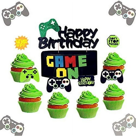LaVenty 29 PCS GAME ON Cupcake Toppers Video Game Cupcake Toppers set Gaming Party Decoration Boys Birthday Party Banners for Game Theme Party