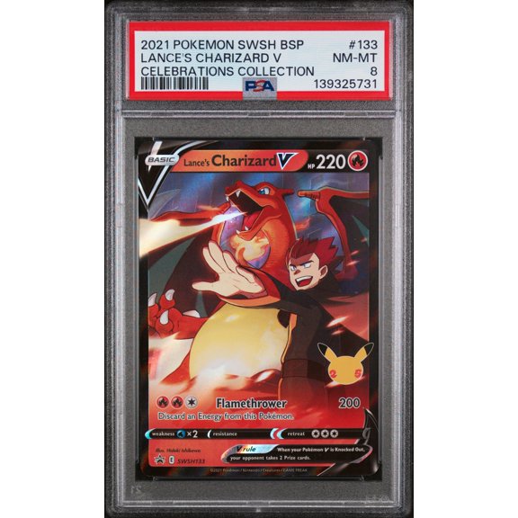 Collectible 2021 Pokemon Sword and Shield Black Star Promo Celebrations Collection Lance's Charizard V #SWSH133 PSA 8
