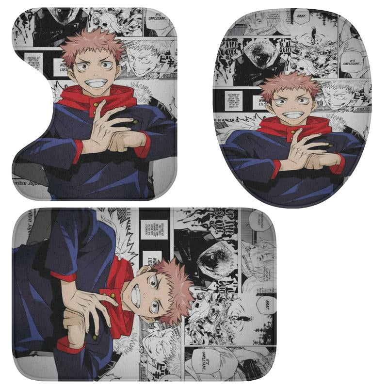 Lheaggik Anime Jujutsu Kaisen 4 Pcs Bathroom Sets with Shower Curtain and Rugs, Waterproof Polyester Shower Curtain Sets with Hooks