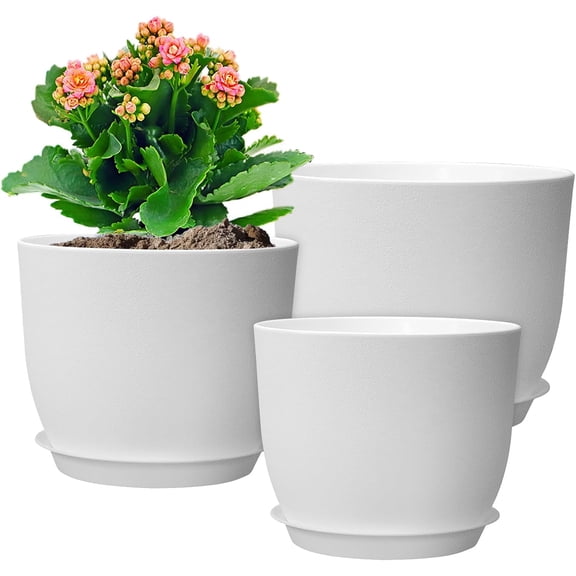 12/10/9 inch Large Plant Pots, 3 Pack Modern Decorative Plastic Planters with Drainage Holes and Saucers, Flower Pots for Indoor Outdoor Plants, White
