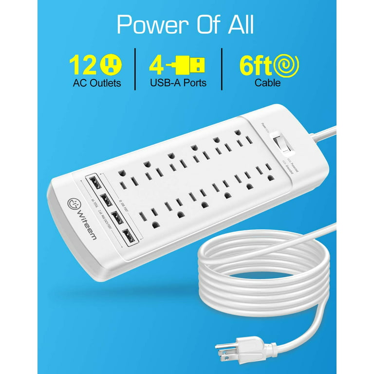 Surge Protector with USB (4360 Joules), Witeem 12 Outlets Power Strip and 4  Smart USB Charging Ports (5V/3.4A), Flat Plug,1875W/15A,6 Feet Heavy Duty 