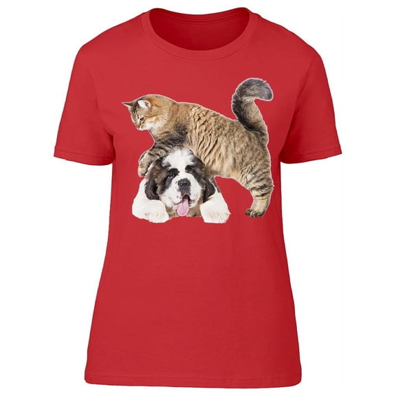 Tabby Cat On Saint Bernard T-Shirt Women -Image by Shutterstock, Female x-Large