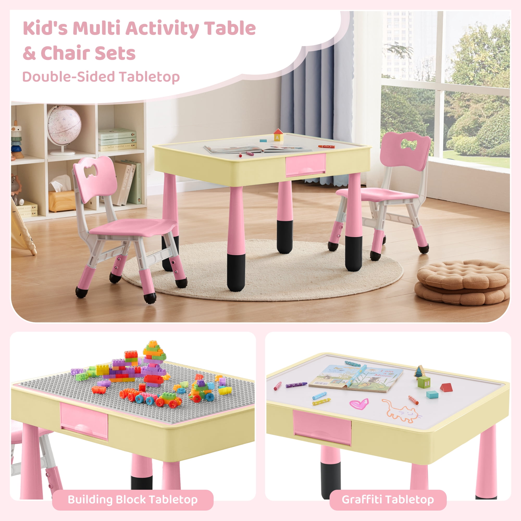 DOREROOM Kids 3-Piece Storage Activity Table and Chair Set, Pink
