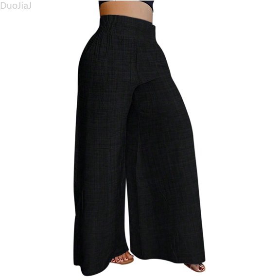 DuoJiaJ Women's Solid Color Spring/summer High Waisted Slimming Wide Leg Pants Casual Pants Women's Lounge Pants Black L