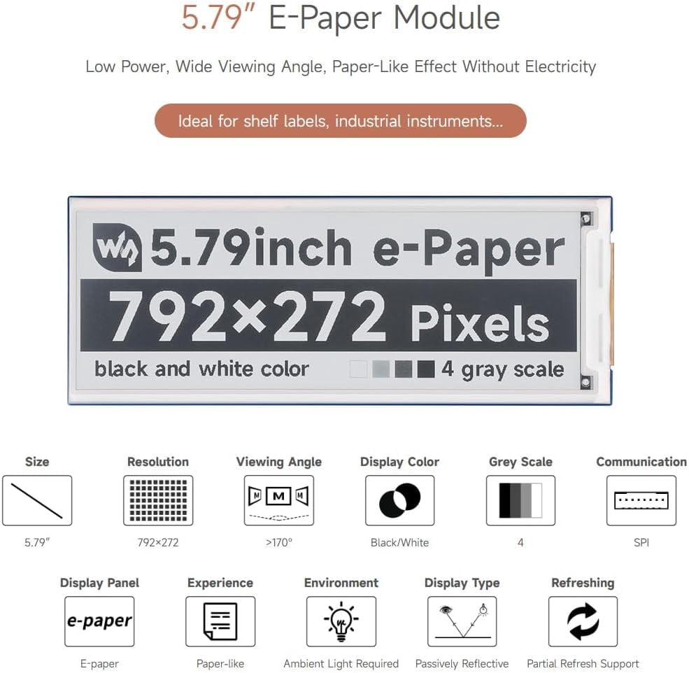 5.79inch E-Paper Display Module, Compatible with 5, E-Ink Display, 792x272, Black/White, SPI Interface