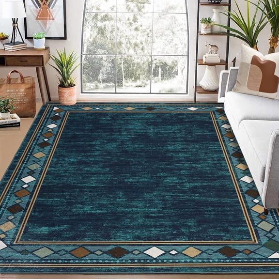 Garvee Modern Geometric Bordered Area Rug – Ultra Soft, Washable, Non-Slip Low Pile Carpet for Living Room, Bedroom, Dining, Home Office – Mark Resistant, Collapsible, Teal