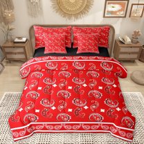 Homewish Retro Flower Paisley 7 Pieces Bedding Comforter Set,Boho Bohemain Style Full Bedding Set,Red White Fitted Sheet Flat Sheet For Men Women,Microfiber Bedroom Decor Reversible