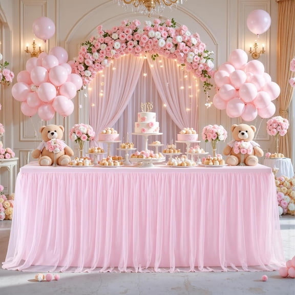 2 Pack 8ft Pink Tablecloths for Rectangle Tables with Tutu Skirt Wrinkle  Party Decorations