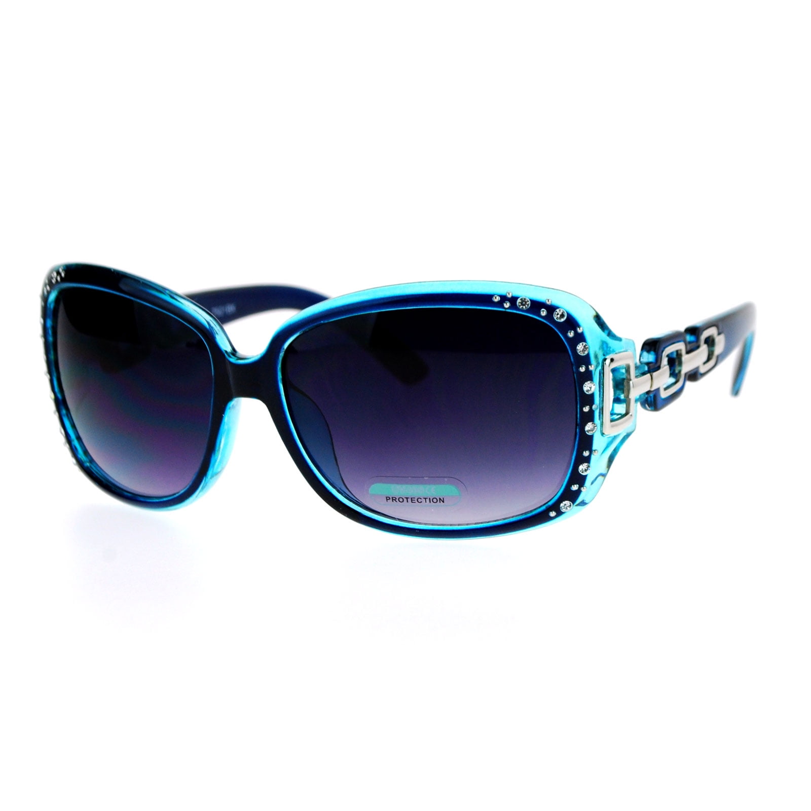 Womens Oversized Rectangular Rhinestone Encrusted Chain Arm Fashion Sunglasses Blue Smoke