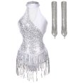 thumbnail image 3 of Xnihocha Women's Sequin Fringe Leotard with Gloves Salsa Rumba Tango Latin Dance Outfits Silver XL, 3 of 5