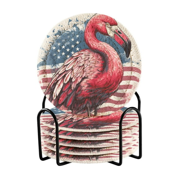 Flamingo American Flag 6 Pcs Drink Coasters with Holder Absorbent Coasters Woven Coasters for Drinks Table Desk Protection Home Decor