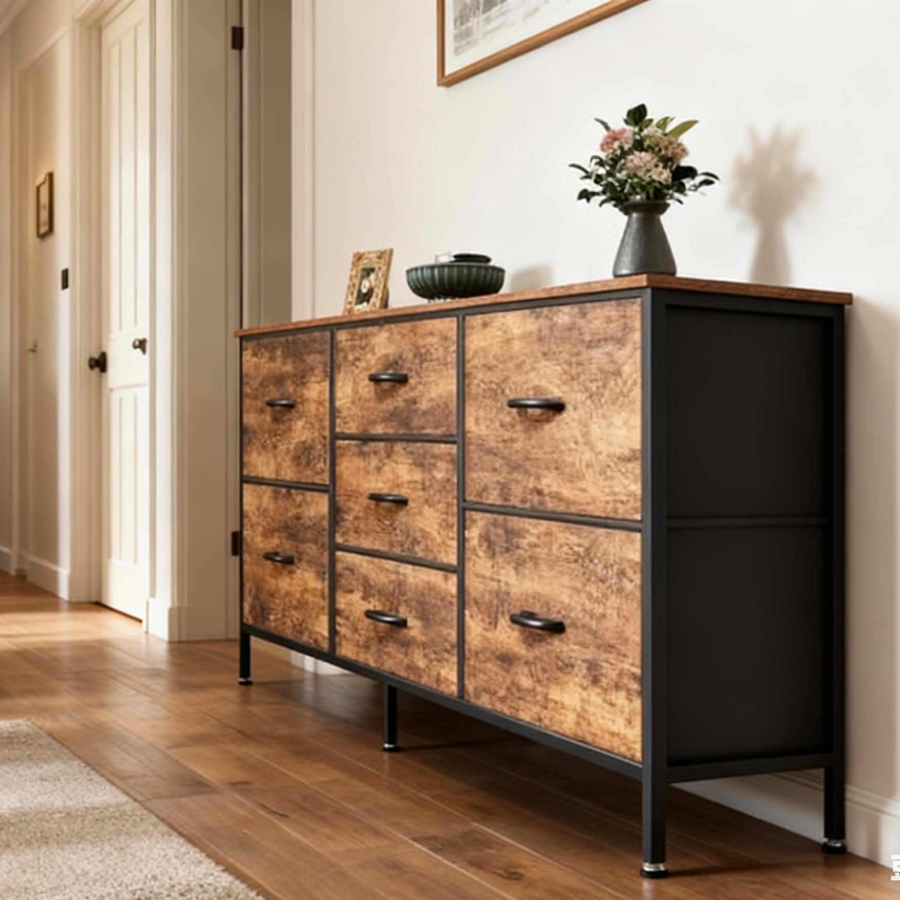 MAYEERTY 7 Drawer Dresser with Wooden Top & Metal Frame, for Bedroom Storage