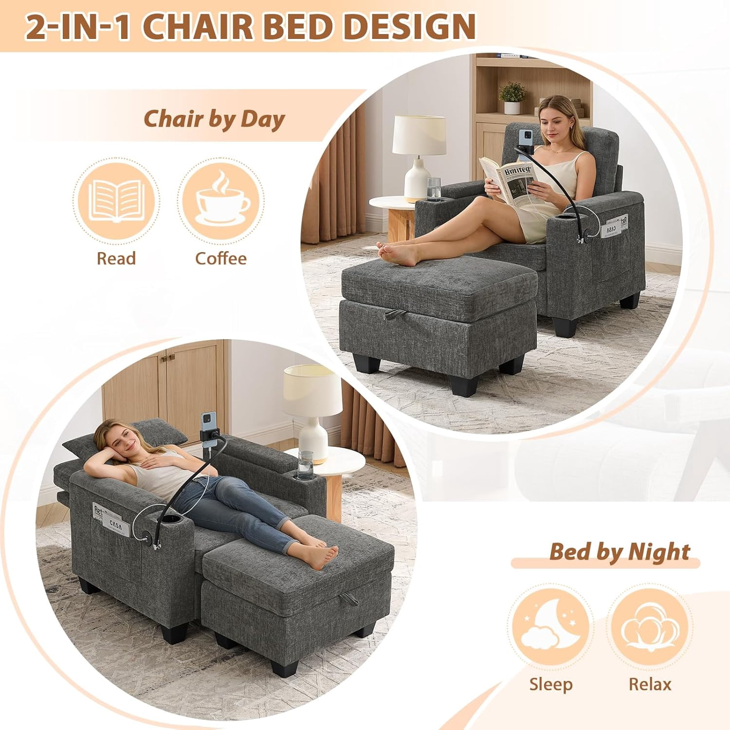MOONMISS Oversized Chaise Lounge Chair Indoor, Single Convertible Recliner Reading Arm Sofa Chair W/Adjustable Backrest & Charging Port Couch Bed for Living Room, Home Theater & Bedroom,Gray