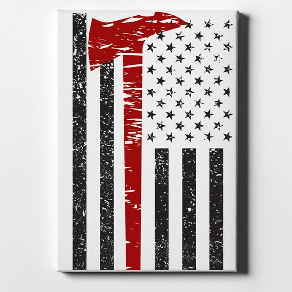 Weathered Thin Red Line US Flag With Axe - 8" x 10" - Decorative Canvas Wall Art - White Edge - 5/8" Gallery Wrapped