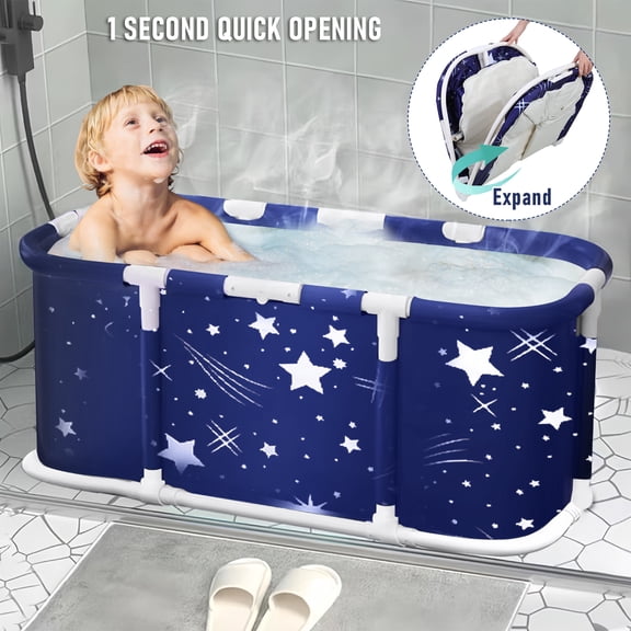 ASKMZ Freestanding Bathtub Extra Large Foldable Bathtub Family SPA Soaking Tub with Plastic Frame for Shower, Double Drain Holes, Starry Blue Pattern