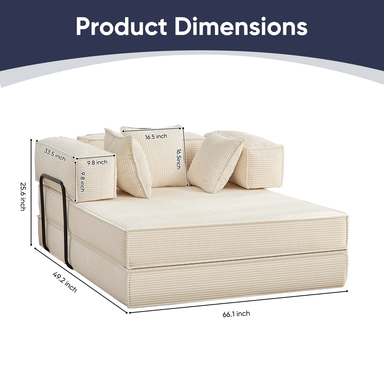 ZAFLY Convertible Sleeper Sofa Bed, Corduroy Boneless Couch with Removable Armrests, Floor Gaming Sofa for Living Room/Small Space, Beige