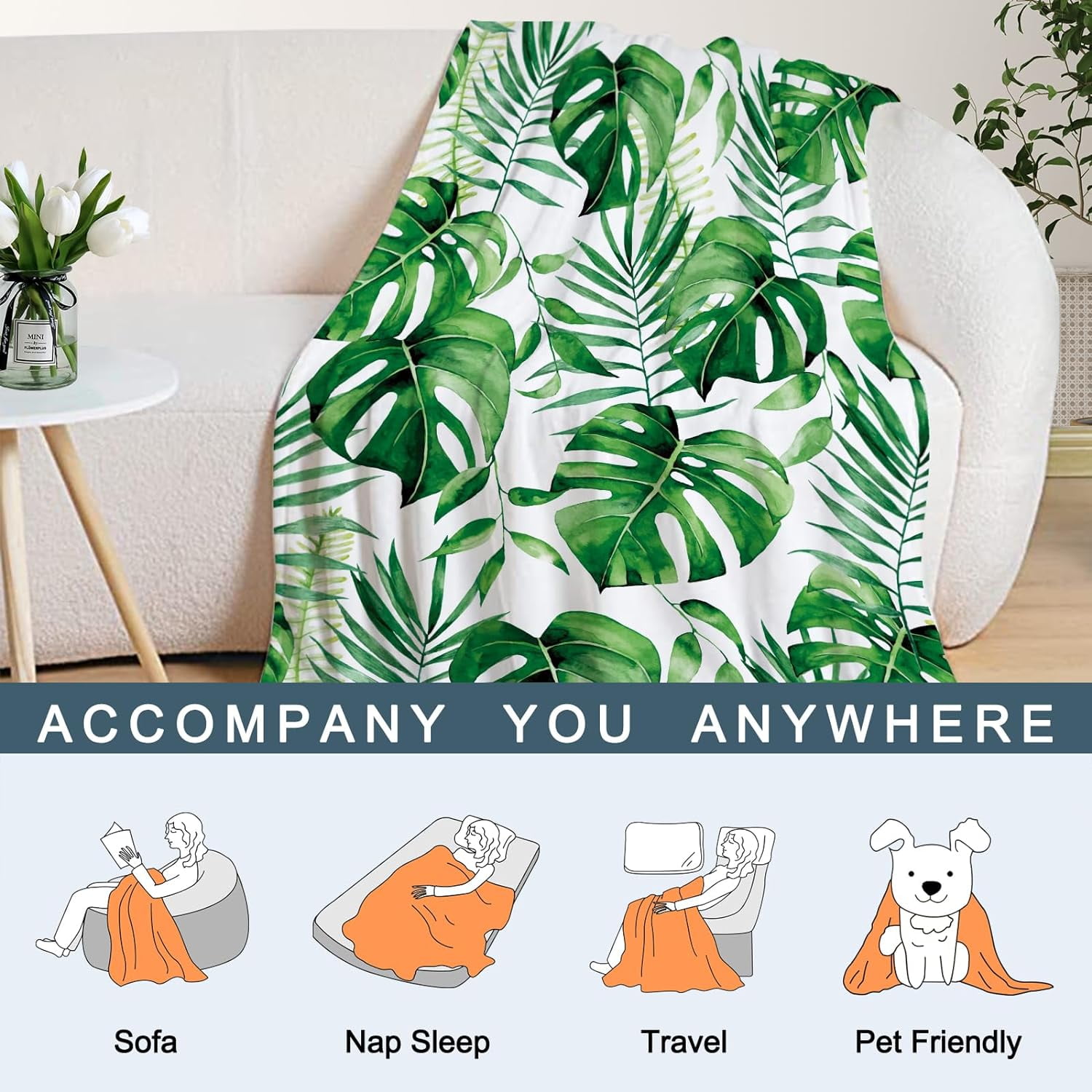 Tropical Leaf Decorative Throw Blanket Twin Size Green Plant Blanket Couch Sofa Bed Soft Cozy Fuzzy Fleece Blanket Cute Spring Summer Gift Blanket Outoddoor Home Decorations 60x80