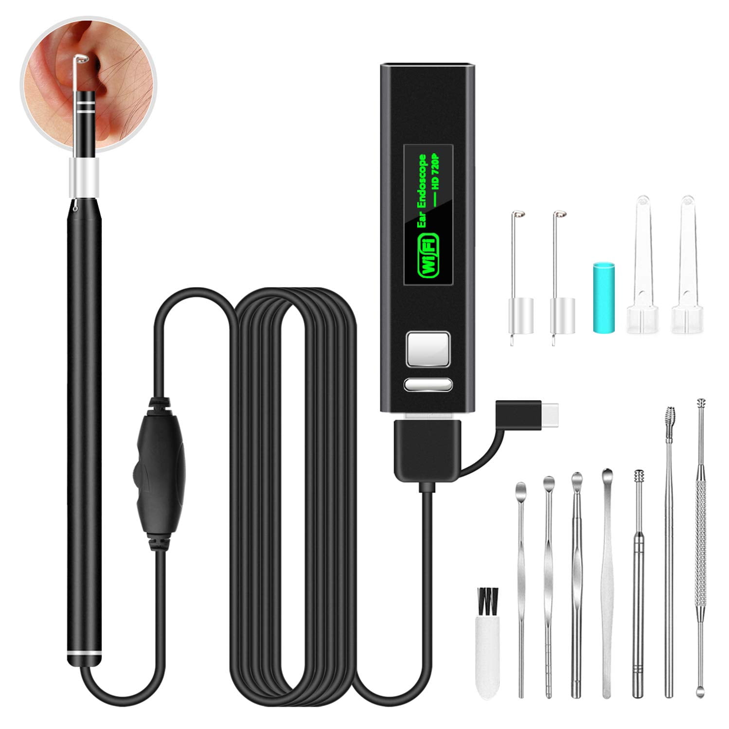 Built in WiFi Wireless Ear Otoscope Inspection Camera Ear Wax Cleaning Tool Ear Pick Spoon with 6 Led Light DINGUIER Borescope for iPhone Android Smartphone iPad Wireless Otoscope WiFi Ear Endoscope 