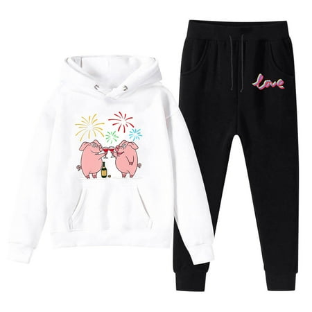 

WUXIAN Toddler Sweatshirt And Sweatpants Kids Hoodie Pants New Year Cartoon Pig Printed Pullover Hoodie Set Tracksuit 2 Piece Outfits Infants Baby Trousers Children Lovely Dailywear
