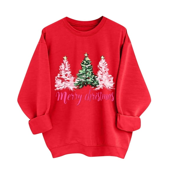 qucoqpe Women's Christmas Tree Printed Sweatshirts Fashion Casual Crewneck Tops Red Series Long Sleeve Oversized Pullovers for 2026 Fall Winter