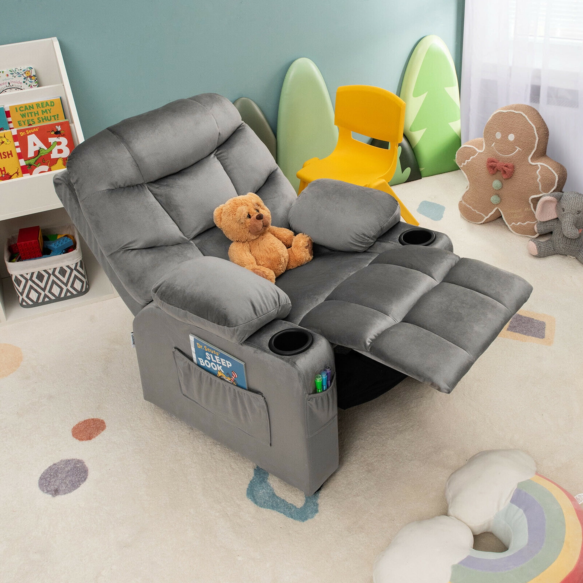 Gymax Kids Youth Recliner Chair Velvet Fabric w/Cup Holder & Side Pocket Grey