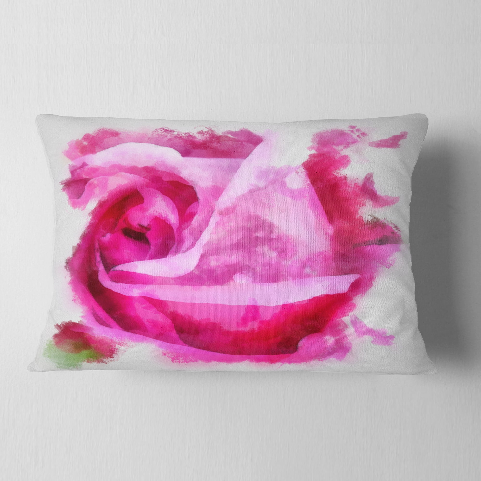 Designart Bloomy Pink Rose Watercolor Drawing - Floral Throw Pillow - 12x20