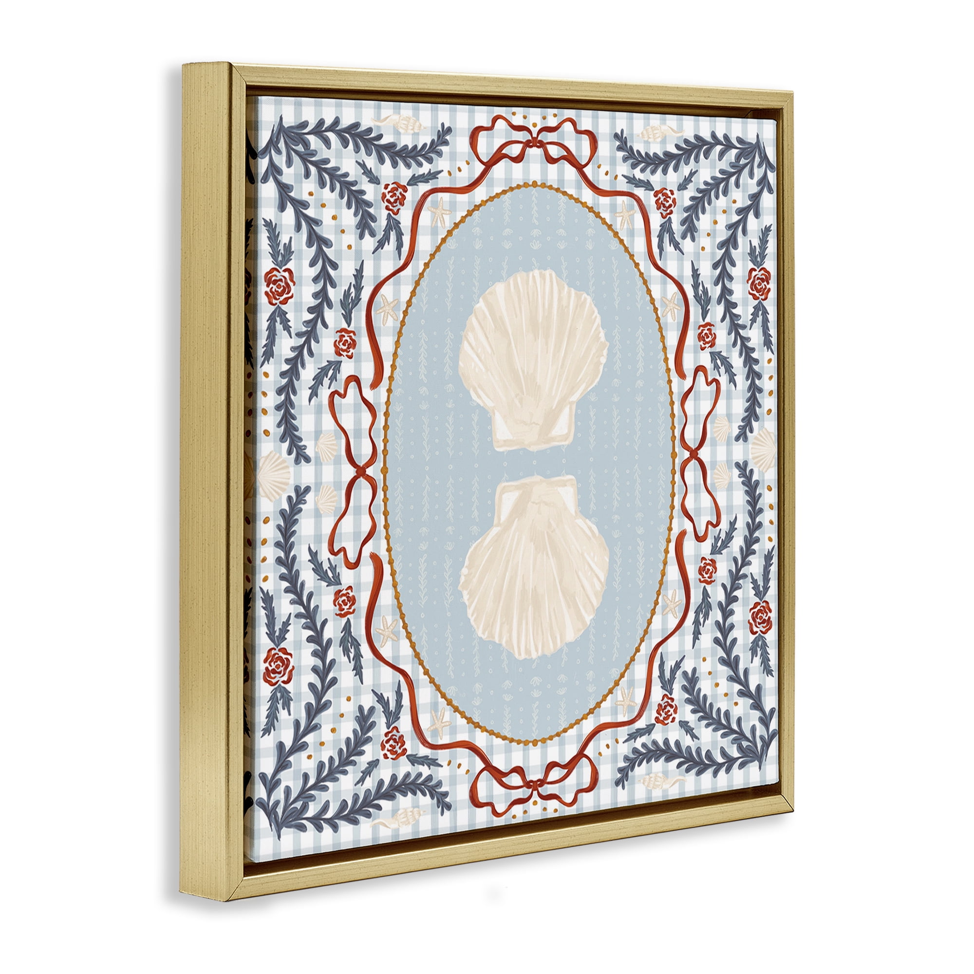 Stupell Industries Shells Portrait on Gingham Gold Framed Floater Canvas Wall Art, design by Vero Illustrates
