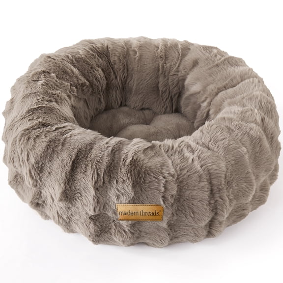 Modern Threads Calming Donut Dog Bed for Small Dogs, Plush Round Faux Fur Pet Bed with Raised Bolster, Soft Washable Dog Bed, 24" x 24" x 9", Taupe