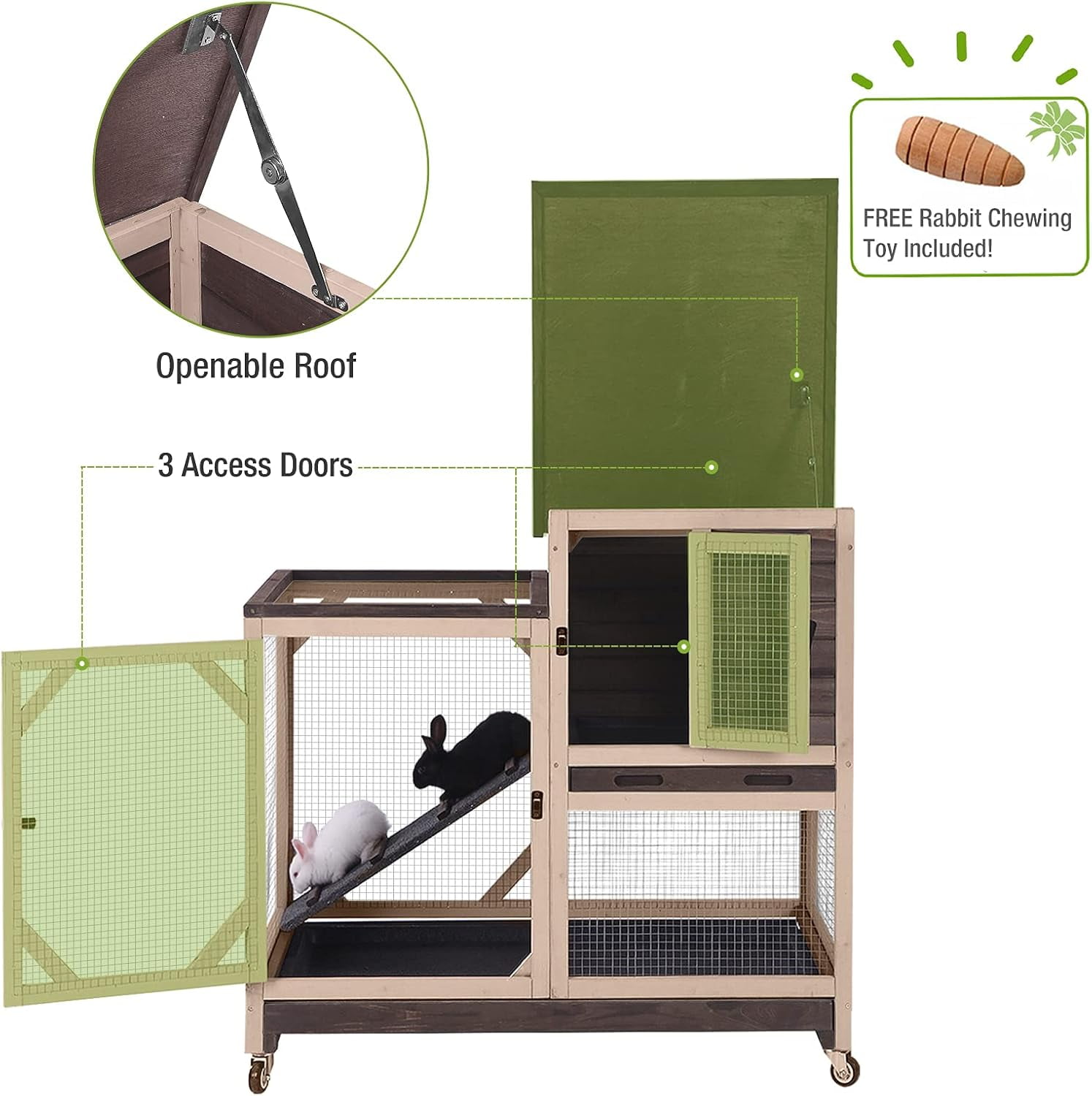 BUTINGLALE Indoor Outdoor Rabbit Hutch, Bunny Cage on Wheels with 2 Deep No Leakage Pull Out Trays (Without Bottom Wire Mesh-Coffee)