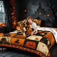 thumbnail image 4 of Homewish Halloween Patchwork Queen Comforter Set, Retro Ghost Cat Witch House Comforter Sets Queen, Orange Black Cream, Pumpkin Bat Reversible, 3pcs 1 Comforter and 2 Pillowcases, 4 of 6