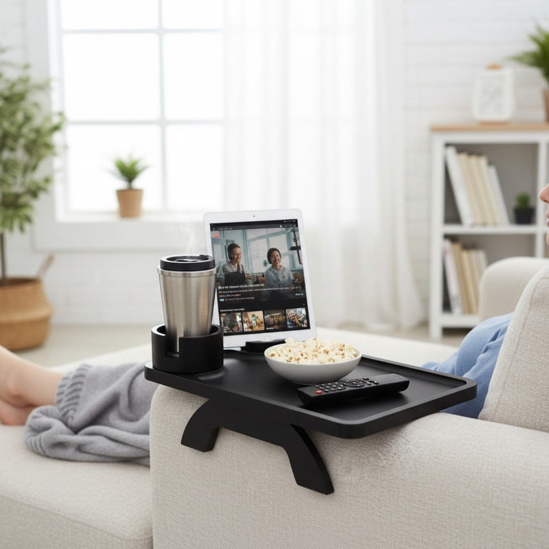 Gianna Sofa Arm Tray,3-in-1 Clip-On Table TV Tray with Rotating Cup Holder and Phone Stand, Black