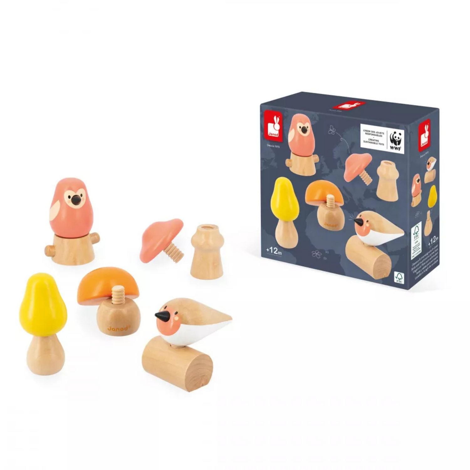Janod - Birds and Mushrooms Screw On - Stacking and Building Toy - Manipulation and Handling Game - Wood - Early-Learning - For Babies and Toddlers - From 18 Months - J08643