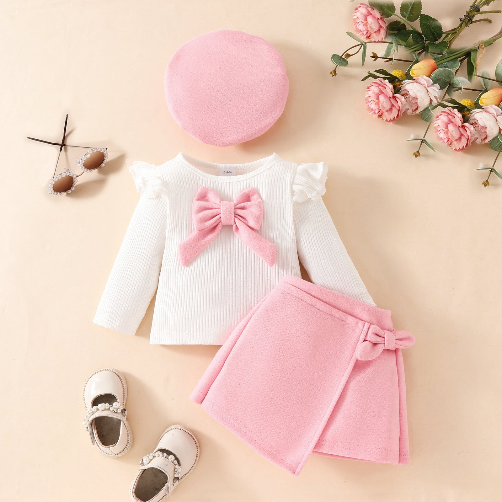 Toddler Girl Skirt Sets Big Bow Ruffle Long Sleeve Knit Ribbed Top with Hat Skirt Fall Winter 3 Piece Set,Z6-Pink,2-3 Years