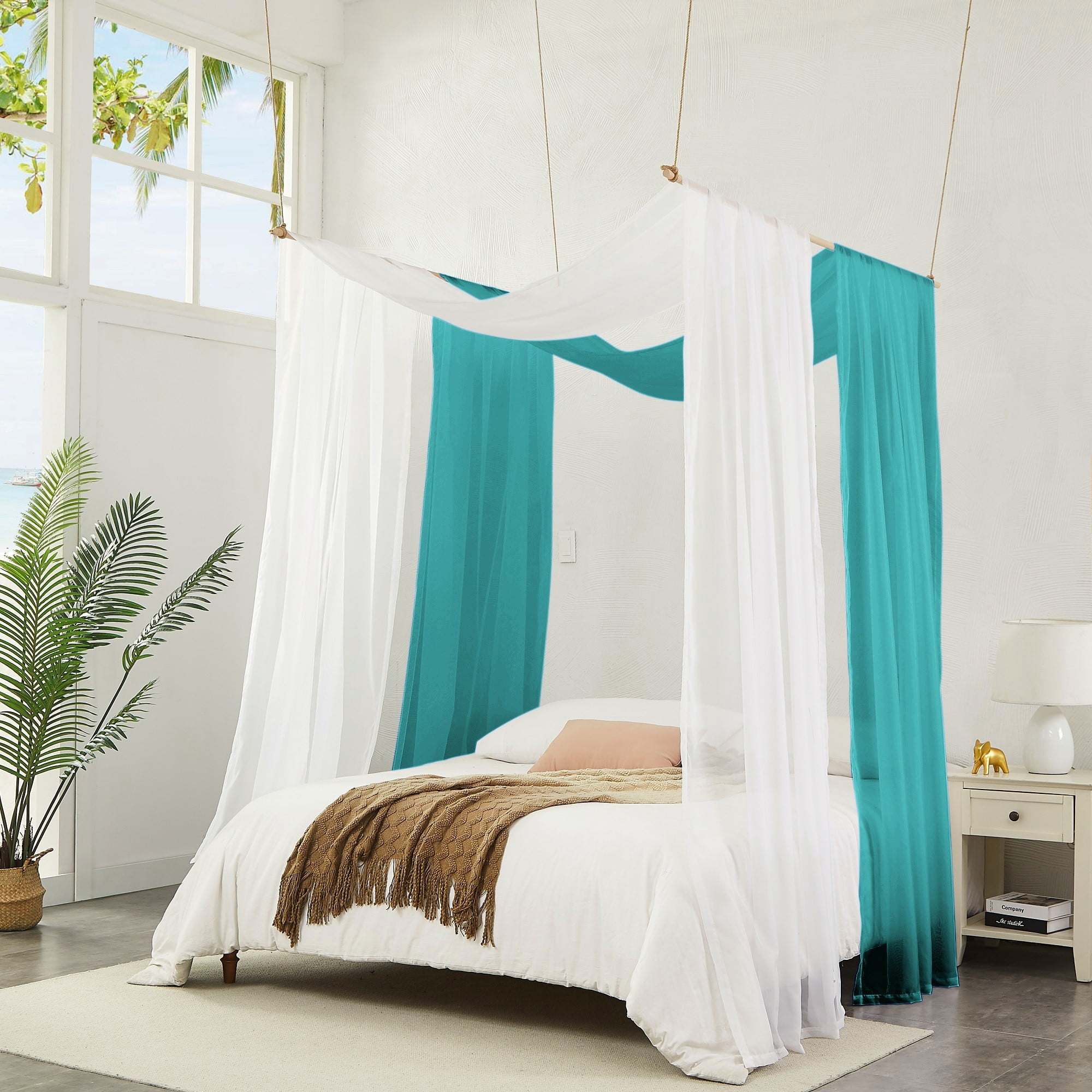 Warm Home Designs Set of 2 White & Teal Canopy Bed Curtains in 55 x 216 Inch Size. BE White & Teal 216