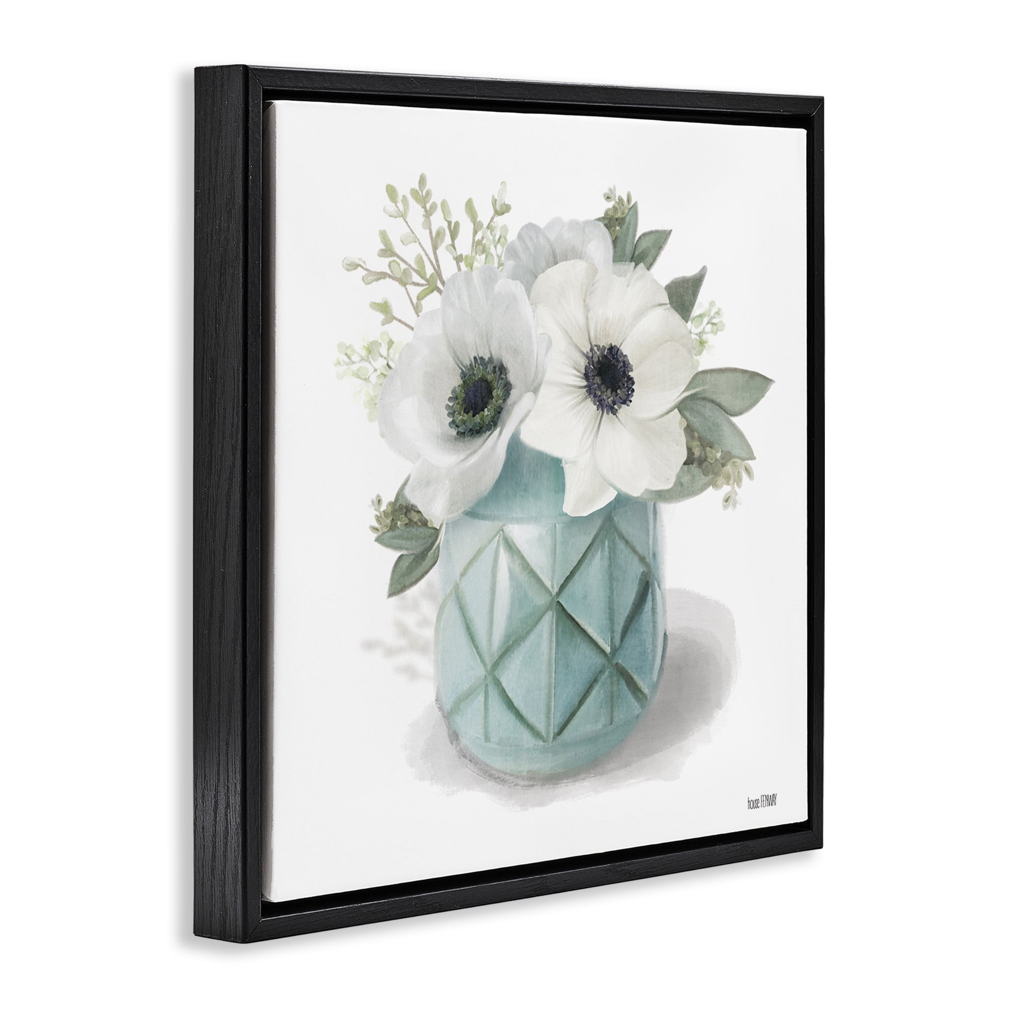 Stupell Industries White Flowers in Turquoise Vase Botanical & Floral Painting Black Floater Framed Canvas Art Print Wall Art, 25 x 25