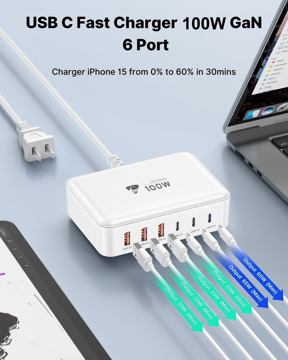 JJEAN-USB C Fast Charger, 100W GaN 6 Port USB C Fast Charging Station Hub Block Cube, QC USB A and PD USB C Wall Charger Power Multiple USB Charger Plug for iPhone 17 16 15 14 13 12 Pro Max, iPad, Sa