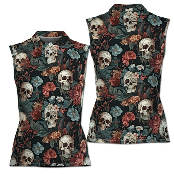 Floral Skull Grunge Women's Sleeveless Polo Shirt XS-4XL