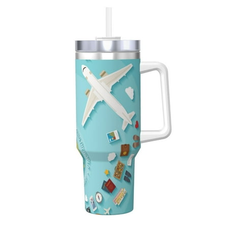 

Fuzoiu Travelling on Airplane Print 40OZ Ice Bully Stainless Steel Insulated Cup with Handle and Straw - Perfect for Travel and Sports