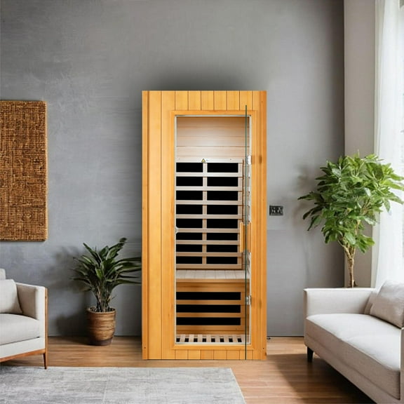 Far Infrared Sauna with 5-Panel Deep Heat & Embedded Hemlock Wood Roof - Compact Home Wellness Retreat for Muscle Relaxation & Space Efficiency