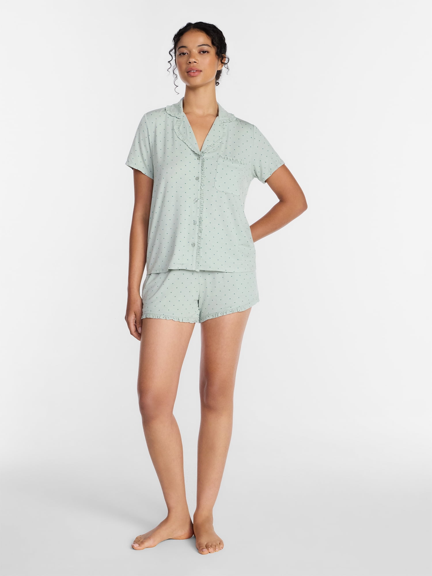 Joyspun Women’s Modal-Blend Ruffle Trim Notch Collar Top and Shorts Pajama Set, 2 Piece, Sizes XS-3X