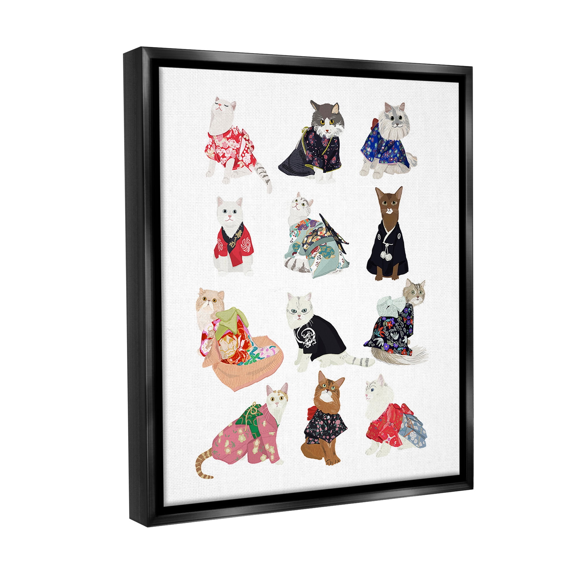 Stupell Industries Cats in Traditional Kimono Animals & Insects Painting Black Floater Framed Canvas Art Print Wall Art, 25 x 31