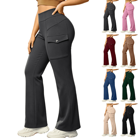 Sunnin Women Cargo Flare Pants Solid Color Fleece Lined Casual Lounge Pants with Pockets