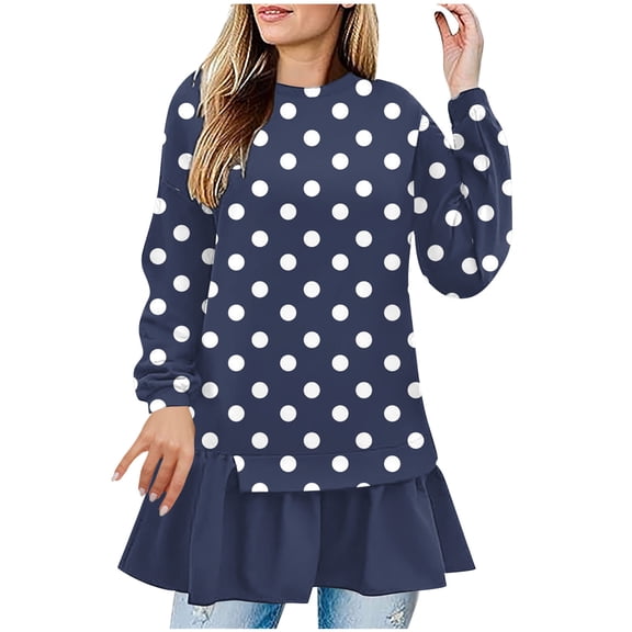 Ltctricy Oversized T Shirts for Women Printed Long Sleeve Crew Neck Patchwork Ruffle Hem Tunic Tops Casual Loose Blouses(Blue,X-Large)