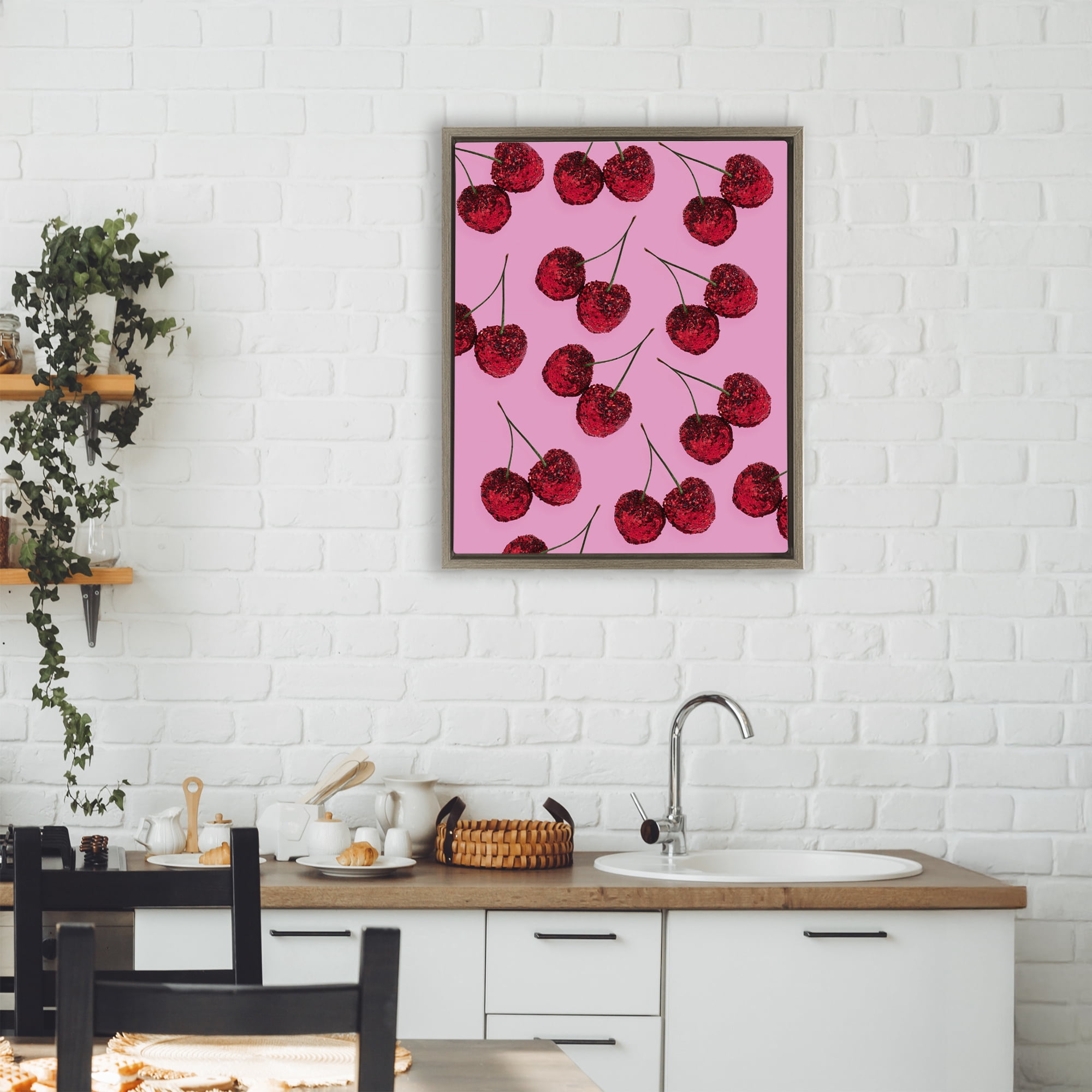Stupell Industries Glitter Glam Cherries Pattern Brown Framed Floater Canvas Wall Art, design by LISH Creative