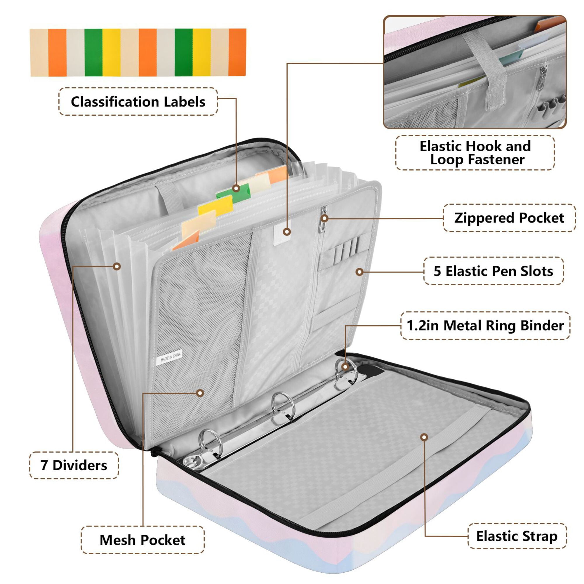 FORMRS Accordion File Folder A4 Size 7-Pocket Expanding Document Organizer Bag with 3 Ring Binder, Light Pink Stripes