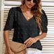 thumbnail image 4 of Top de jacquard con escote en pico y mangas abullonadas, camiseta holgada negra, talla M Summer Chic, 4 of 7