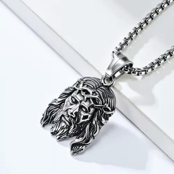 QQTDFG Men Jesus Head Necklace Stainless Steel Crown of Thorns Christ Pendant Chain-Silver