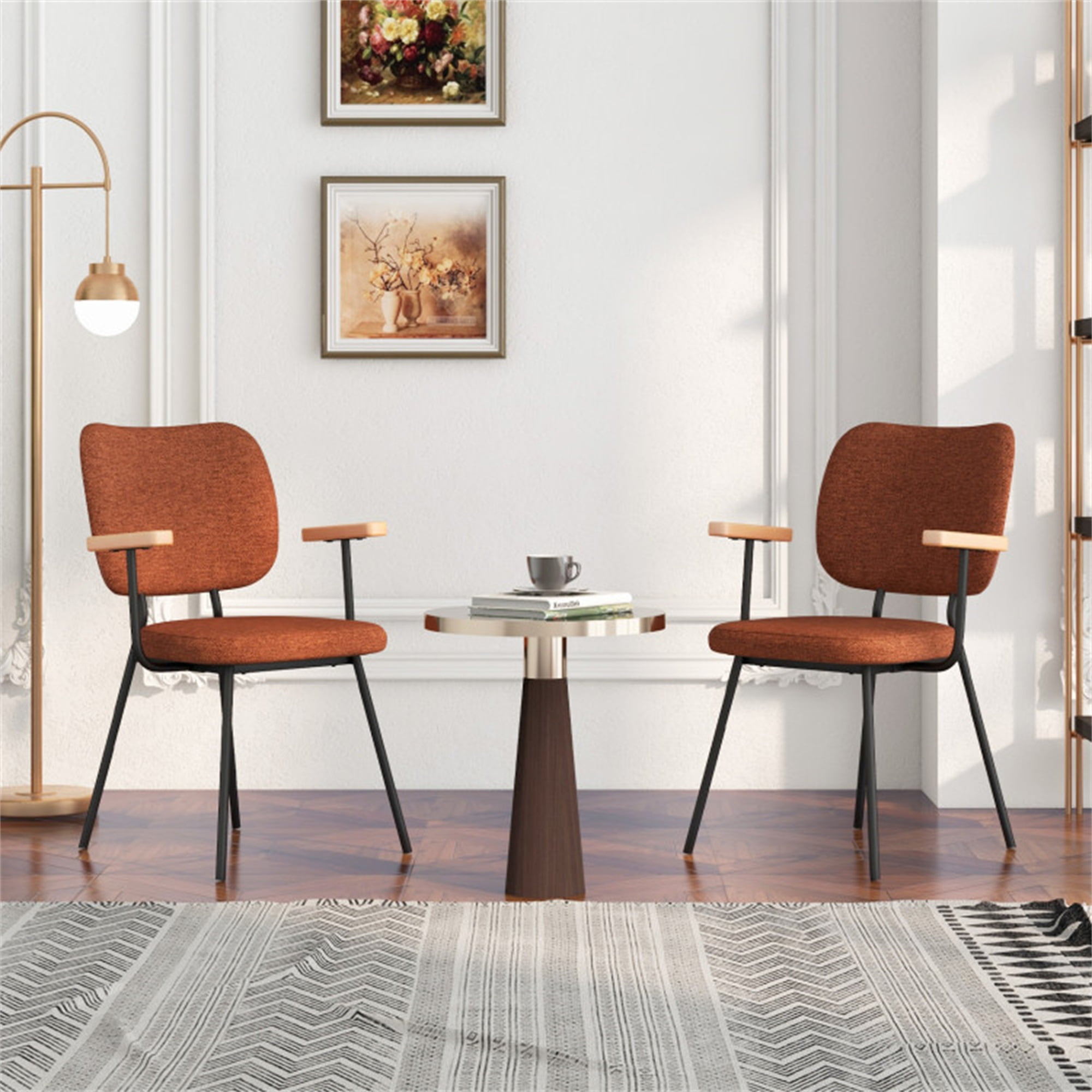 Demi Bonn Set of 2 Modern Fabric Dining Chairs with Armrest and Curved Backrest for Dining Room Living Room, Orange